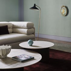 Myon Coffee  and Side Tables in Travertine viewed  in a living room