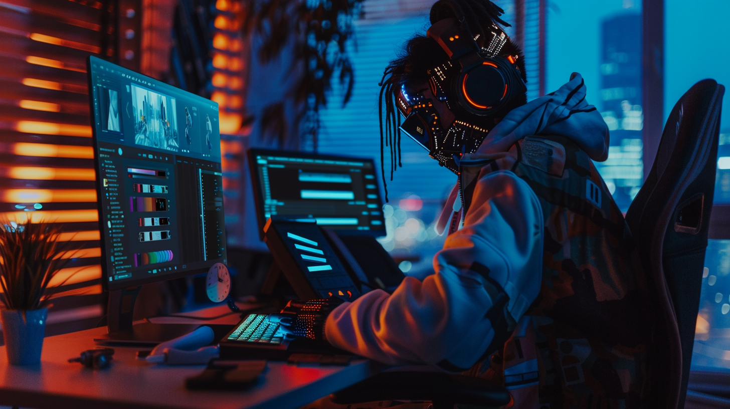 A cyborg works on a future computer making future videos